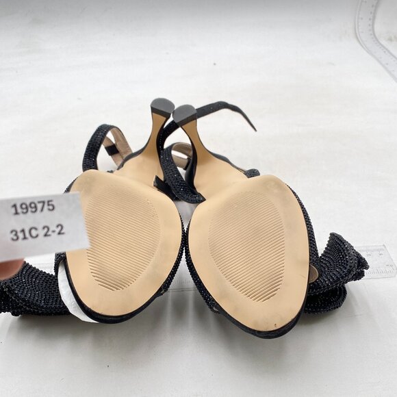 FYS Women Cute Rhinestones Bow Peep Toe Low Kitten Heel Ankle Strap Sandal Black - Picture 7 of 8